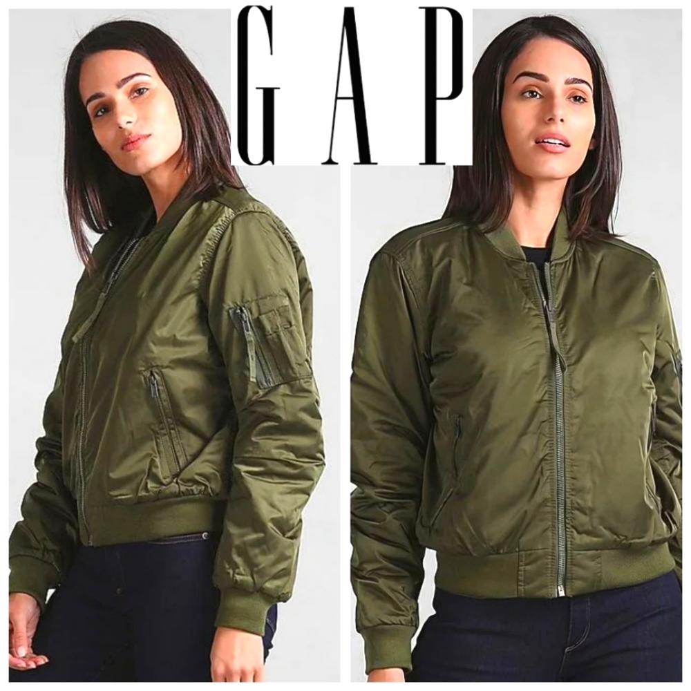 Gap Olive Bomber Jacket Size Small Oversized Quilted Liner Military Utility